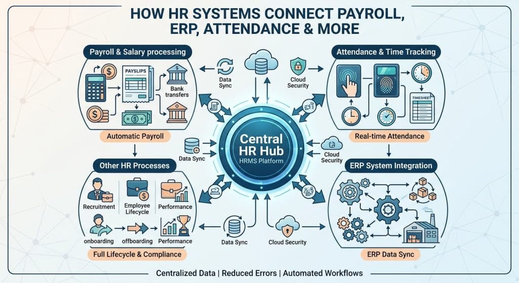 Centralized HRMS hub diagram connecting payroll, attendance, ERP systems, and employee management.