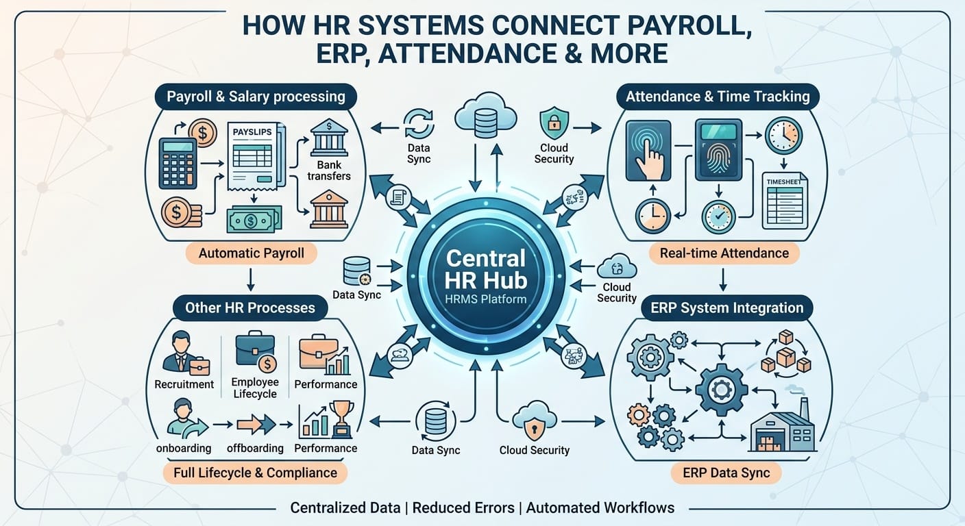 Centralized HRMS hub diagram connecting payroll, attendance, ERP systems, and employee management.